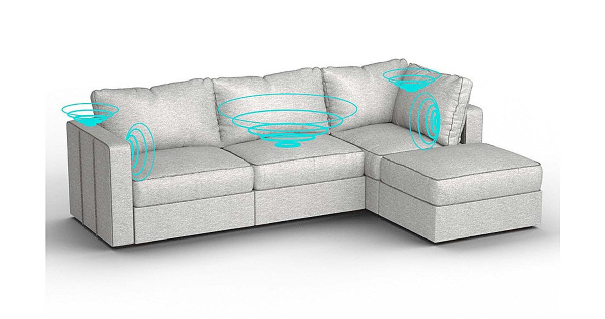 Lovesac – 4 Seats + 5 Sides Luxe Chenille &amp; Lovesoft with 8 Speaker Immersive Sound + Charge System – Tonal Sterling - 1772860067909_650