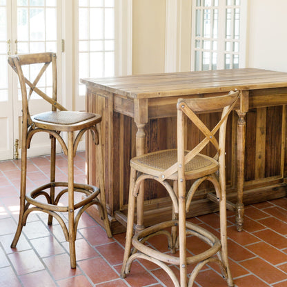 Park Hill Collection Wooden Cross Back Counter Stool - Rustic Aged Finish, Cane Woven Seat, Perfect for Farmhouse Decor - EFS81570